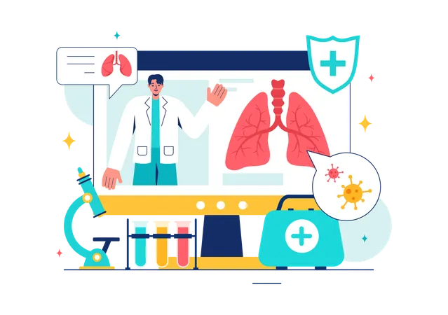 Médico en línea explicando sobre la infección pulmonar  Ilustración