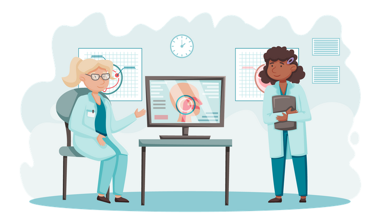 Médico ensinando outro médico sobre doenças  Ilustração