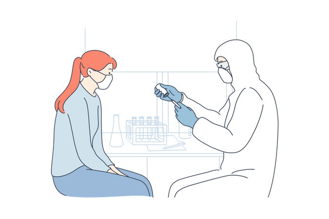 O médico está consultando o paciente enquanto toma medidas preventivas  Ilustração