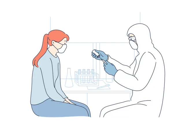 O médico está consultando o paciente enquanto toma medidas preventivas  Ilustração