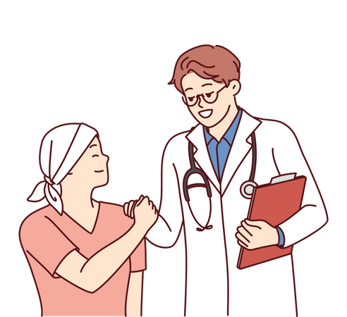 El médico le da la mano a un pequeño paciente con cáncer que se somete a quimioterapia para combatir el cáncer  Ilustración