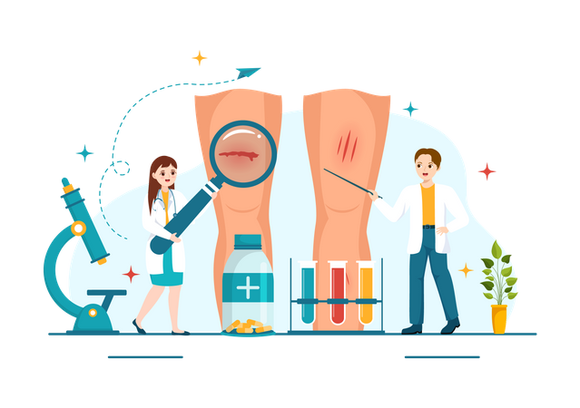 Médico examinando joelho machucado  Ilustração