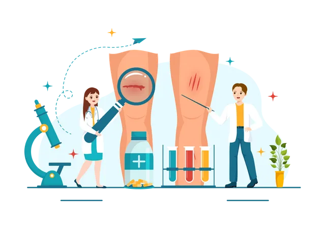 Médico examinando joelho machucado  Ilustração