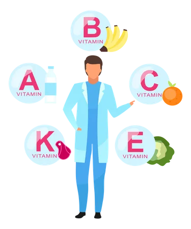 Médico explicando fontes de vitaminas  Ilustração