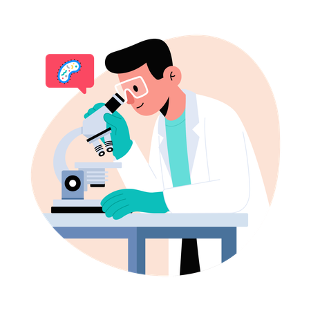 Médico faz pesquisa em microscópio  Ilustração