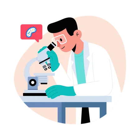 Médico faz pesquisa em microscópio  Ilustração