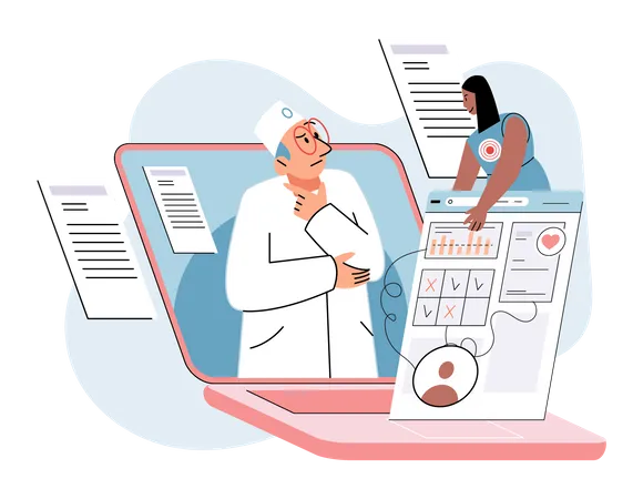 Médico fazendo check-up on-line do paciente  Ilustração