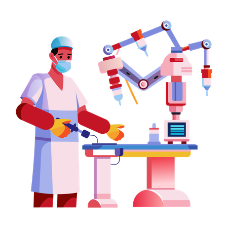 Médico fazendo cirurgia usando robô  Ilustração