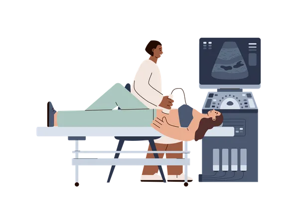 Médico fazendo diagnóstico de saúde de ultrassom de gravidez para paciente mulher  Ilustração