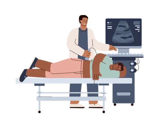 Médico fazendo pesquisa de ultrassom para paciente homem  Ilustração