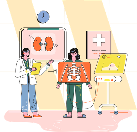 Médico fazendo exame de raio-X de paciente do sexo feminino  Ilustração