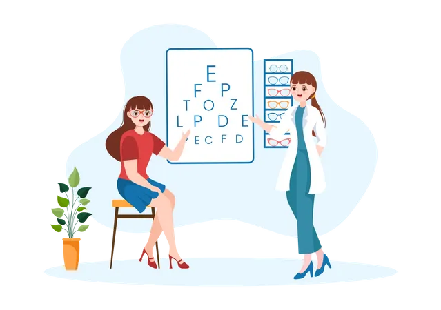 Médico fazendo exame oftalmológico de mulher  Ilustração
