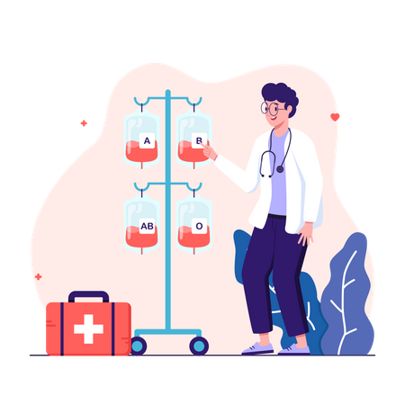 O médico fica ao lado da bolsa de sangue com rótulo de diferentes grupos sanguíneos A, B, O e sistema Rh  Ilustração