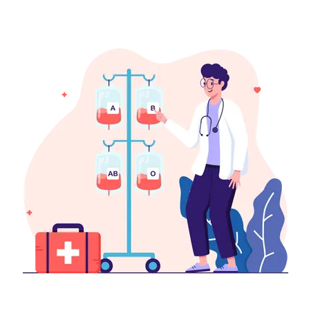 O médico fica ao lado da bolsa de sangue com rótulo de diferentes grupos sanguíneos A, B, O e sistema Rh  Ilustração