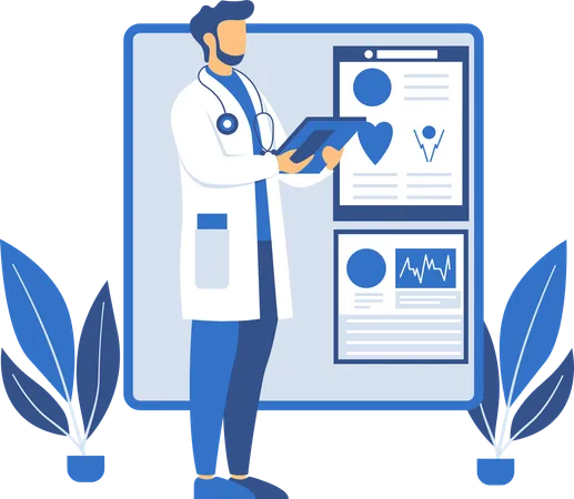 Médico masculino analizando datos de salud en la pantalla  Ilustración