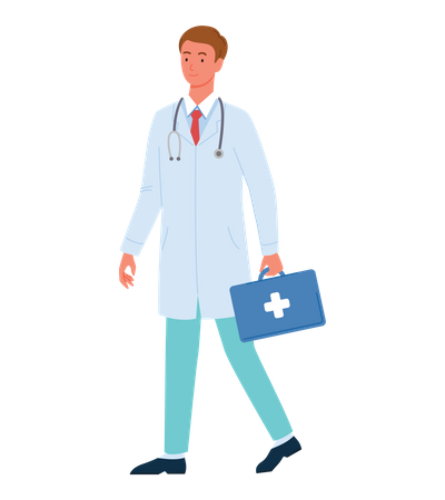 Médico masculino andando com kit médico  Ilustração
