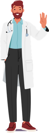 Médico masculino confiante usa jaleco e gesto de mão acenando  Ilustração