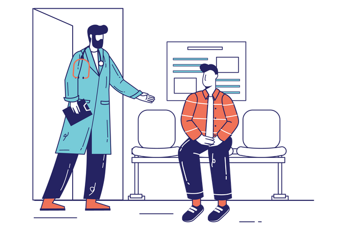 Médico masculino convida paciente a entrar no consultório para exame e consulta  Ilustração