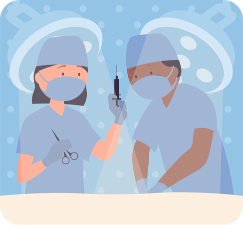 Médico masculino e feminino fazendo cirurgia na sala de operação  Ilustração