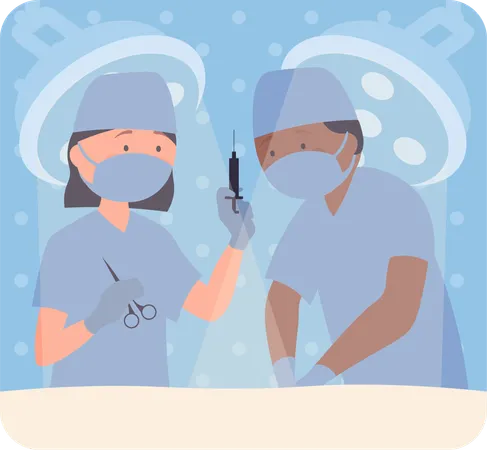 Médico masculino e feminino fazendo cirurgia na sala de operação  Ilustração