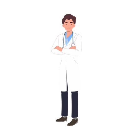 Médico homem em pé, confiante, usando estetoscópio  Ilustração