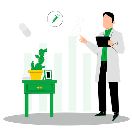 Médico masculino olhando para DNA  Ilustração