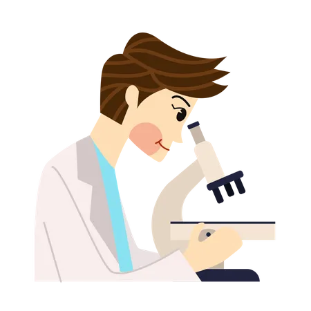 Médico masculino usa microscópio  Ilustração