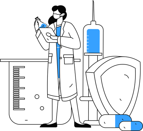 O médico inspeciona cada produto químico durante o experimento  Ilustração