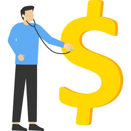 Médico inteligente com estetoscópio para ouvir e analisar o símbolo do dinheiro do dólar  Ilustração