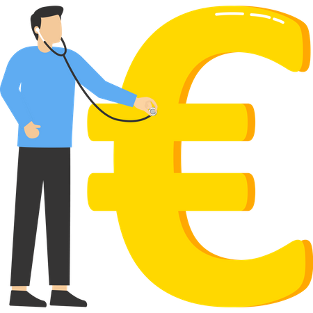 Médico inteligente con estetoscopio para escuchar y analizar el símbolo del dinero en euros  Ilustración