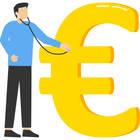 Médico inteligente con estetoscopio para escuchar y analizar el símbolo del dinero en euros  Ilustración