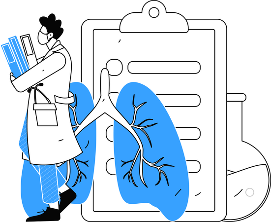 Médico lê relatório de doença pulmonar de paciente  Ilustração