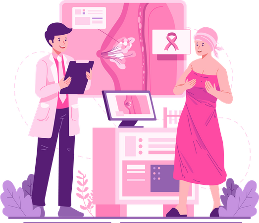 Médico mamologista consulta uma paciente com câncer de mama  Ilustração