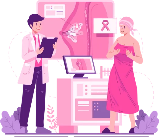 Médico mamologista consulta uma paciente com câncer de mama  Ilustração