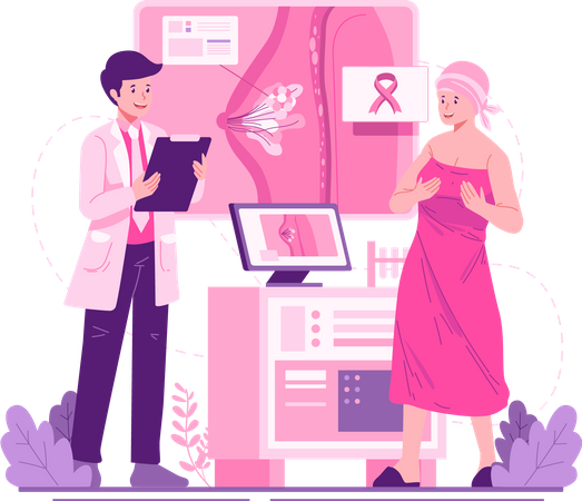 Médico mamólogo consulta a una paciente con cáncer de mama  Ilustración