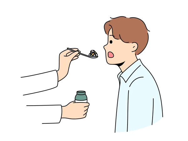 Mão médica com comprimidos na colher perto do paciente  Ilustração