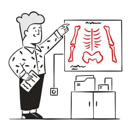 Médico varón revisa el informe óseo  Ilustración