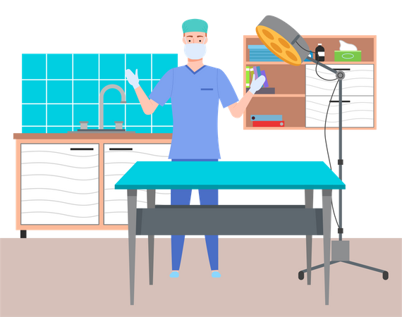 Médico masculino de desenho animado no consultório médico com luvas e máscara facial  Ilustração
