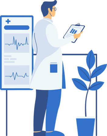 Médico masculino mirando el informe de salud  Ilustración