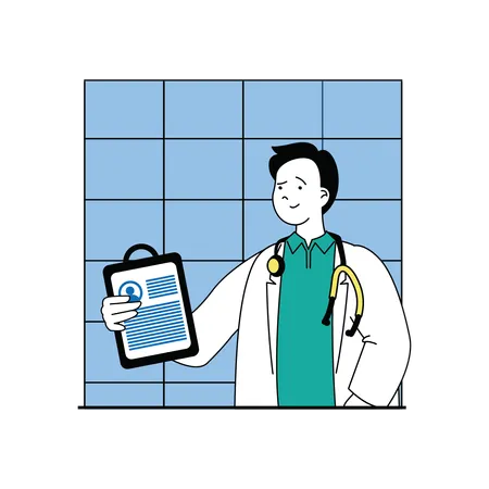 Médico varón mostrando informe médico del paciente  Ilustración