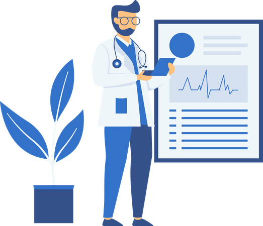 Médico masculino mirando el informe del paciente en una computadora portátil  Ilustración