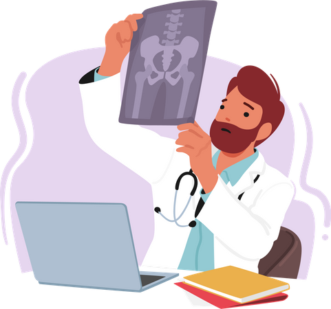 Médico masculino profesional analiza la imagen de rayos X  Ilustración