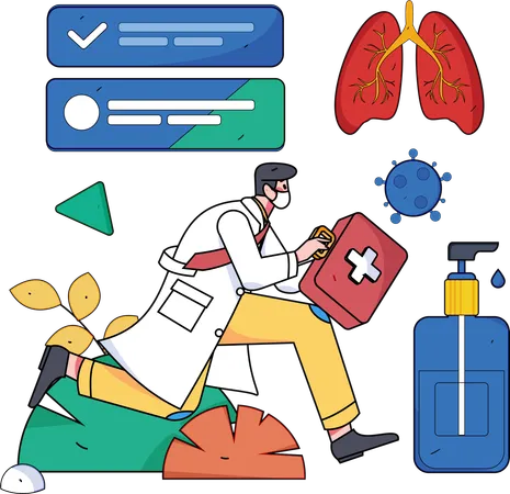 Médico masculino revisa el informe pulmonar y administra medicamentos  Ilustración