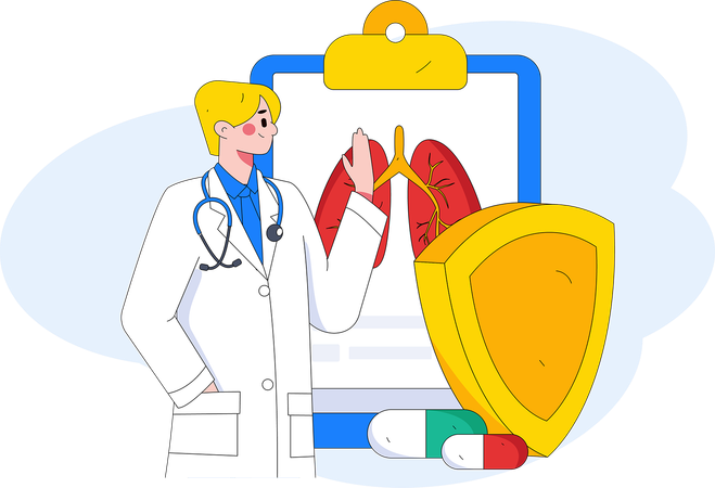 Médico masculino revisa el informe pulmonar y administra medicamentos  Ilustración