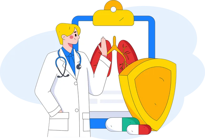 Médico masculino revisa el informe pulmonar y administra medicamentos  Ilustración