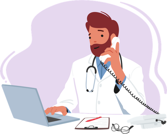 Médico masculino sentado na mesa com laptop  Ilustração