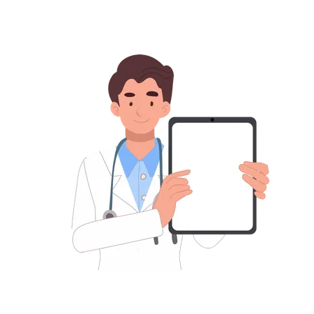 Médico masculino sosteniendo una tableta que muestra resultados médicos para diagnósticos y consultas de salud  Ilustración