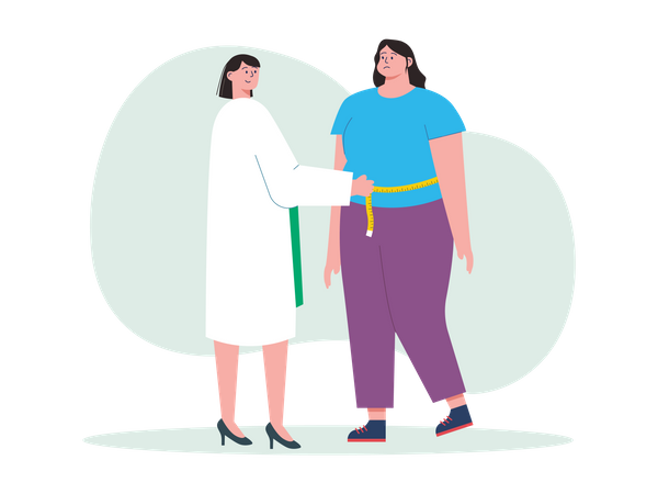 Médico medindo cintura de menina obesa  Ilustração