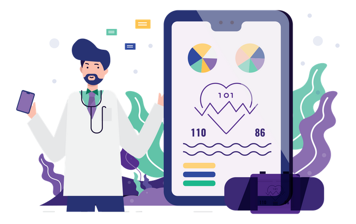 Doctor mirando estadísticas de salud del paciente en una aplicación móvil  Ilustración