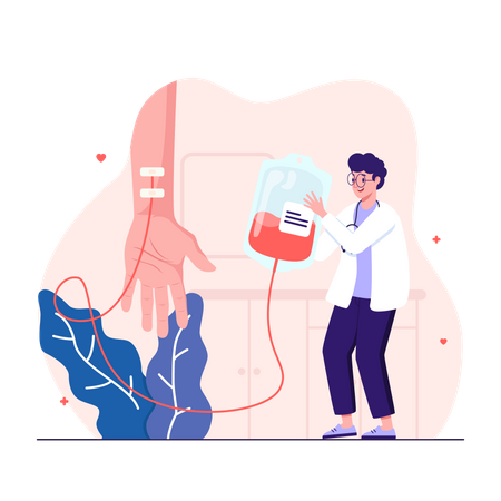 El médico supervisa la transfusión de sangre de la mano humana al recipiente de plástico  Ilustración